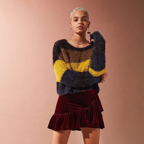 NWT UO Fuzzy Glitter Striped Sweater Navy Blue - Picture 3 of 5